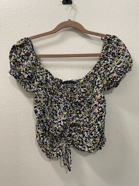 Elodie Black Floral Puff-Sleeve Tie-Front Top